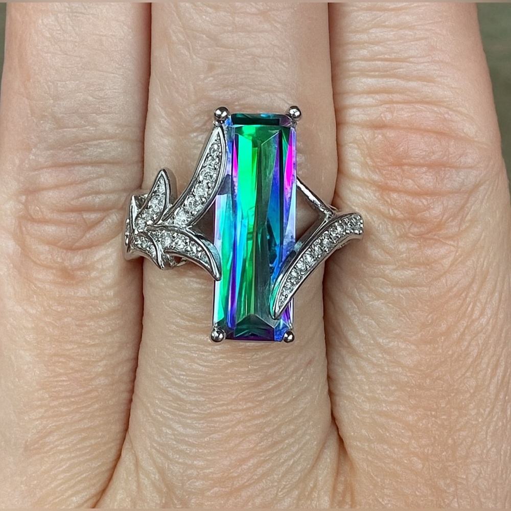 Purple and Green Mystic Rainbow Emerald Cut Topaz Silver Ring Size 8 - Picture 5 of 5